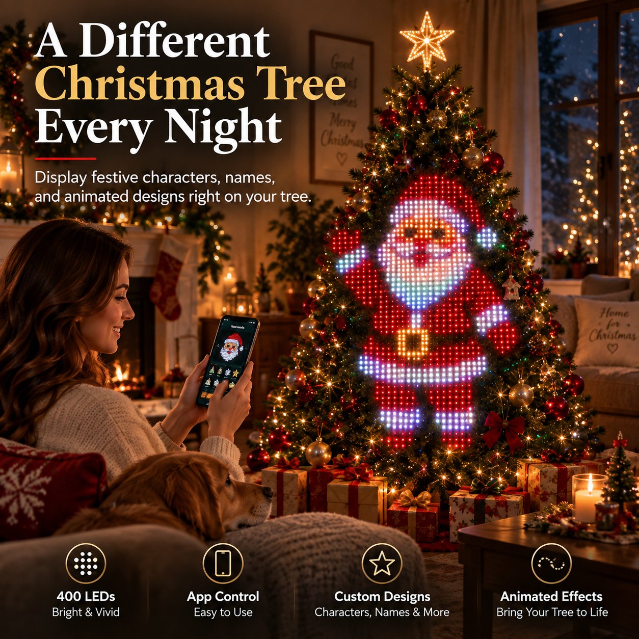 Smart Christmas tree lights on a decorated tree