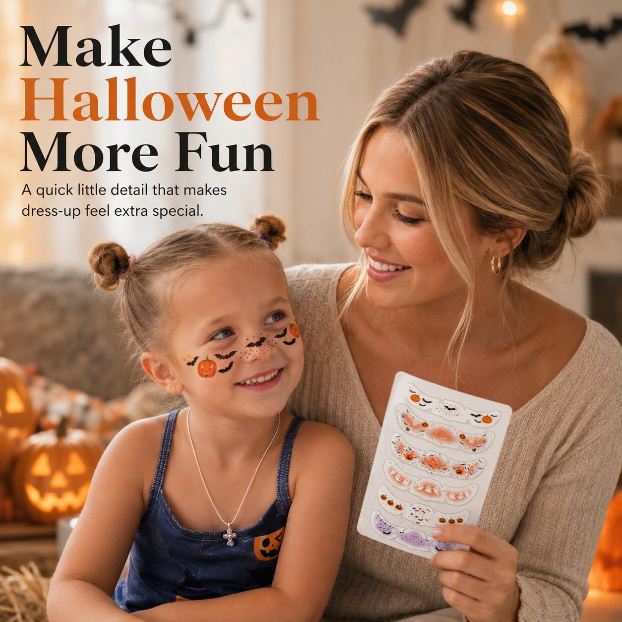 Parent and child enjoying Halloween dress-up with temporary face tattoo designs Parent and child enjoying Halloween dress-up with temporary face tattoo designs