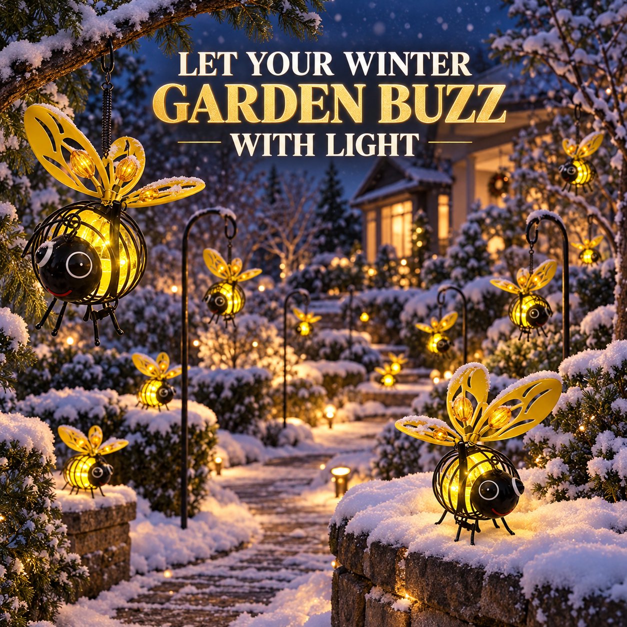 Many glowing solar bee lights along a snow-covered garden path