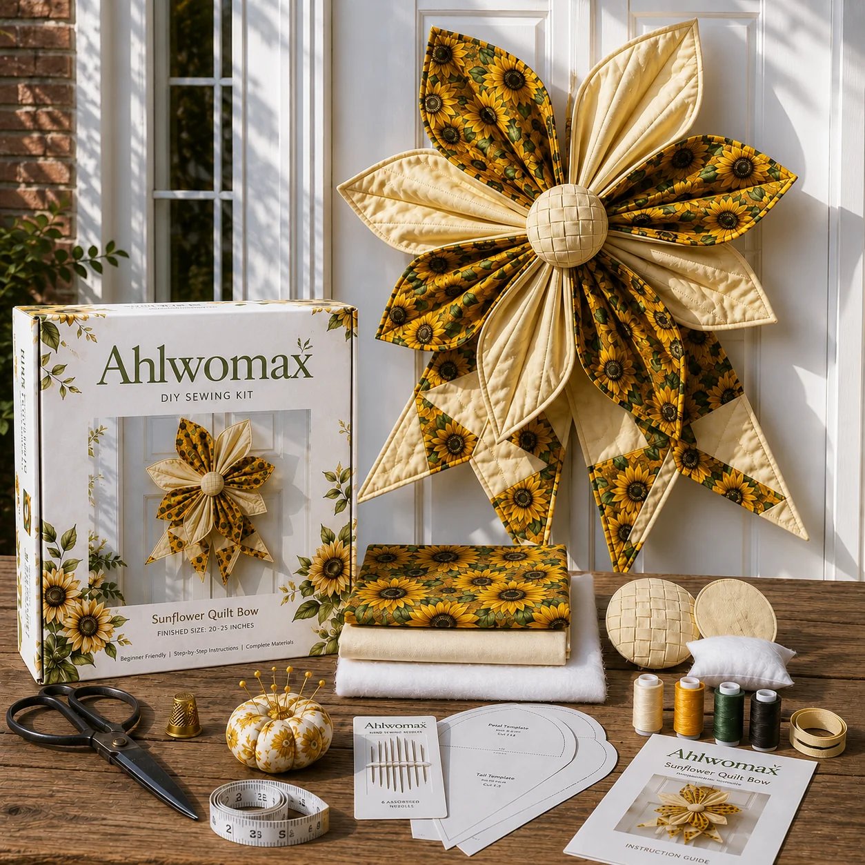 Large patchwork bow sewing kit finished sunflower bow