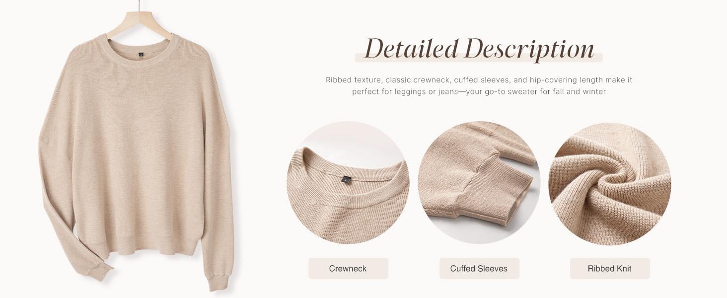Arach&Cloz Women's Wool Blend Oversized Sweaters Crewneck Casual Spring Outfits Fashion Tops SummerVibes