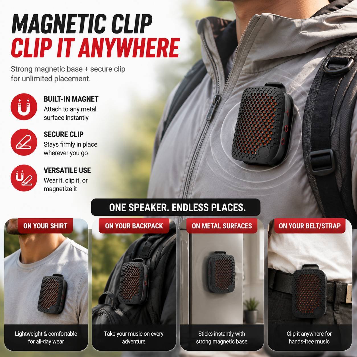 Clip-on wearable speaker attached to clothing