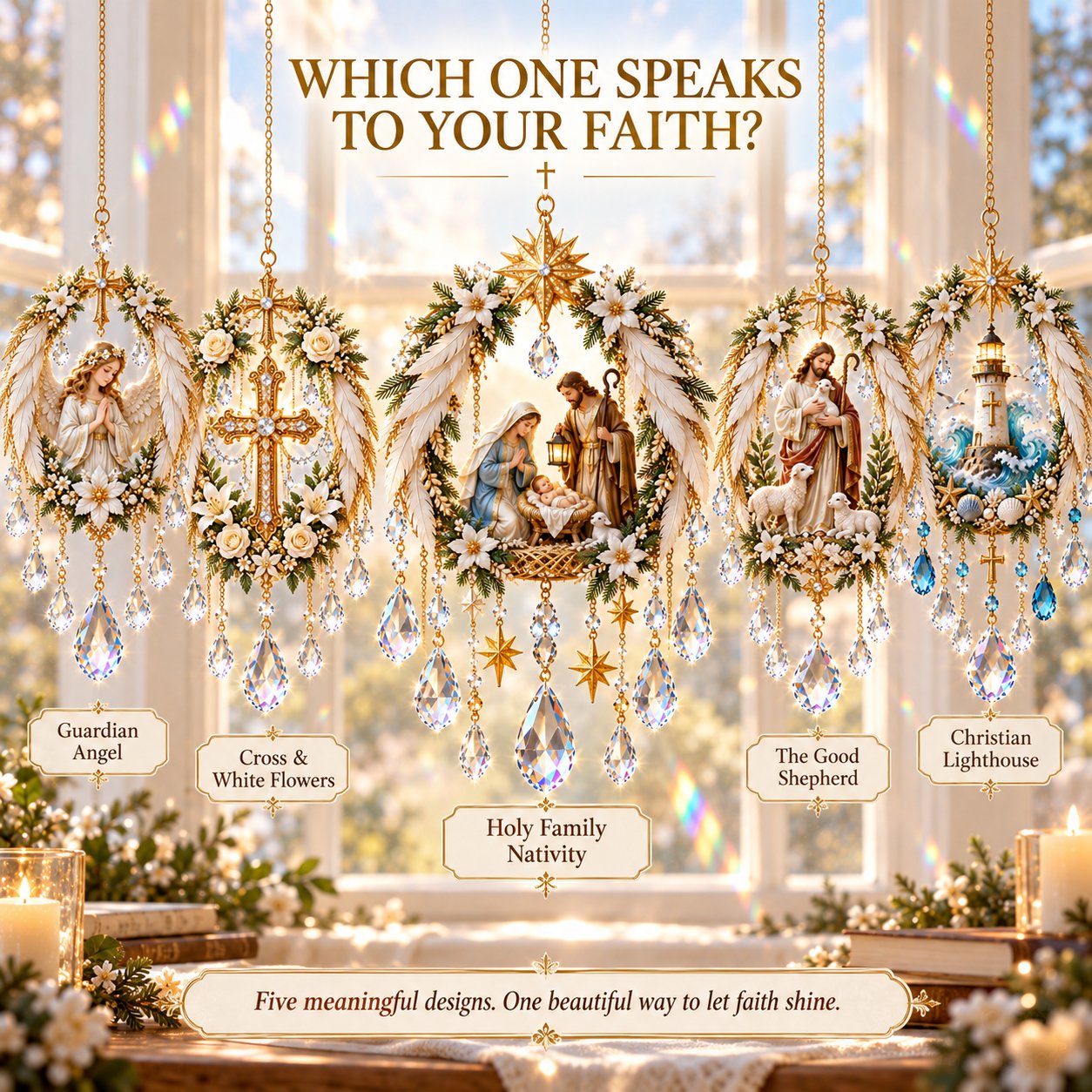Five suncatcher designs from left to right: Guardian Angel, Cross and White Flowers, Holy Family Nativity, The Good Shepherd, Christian Lighthouse