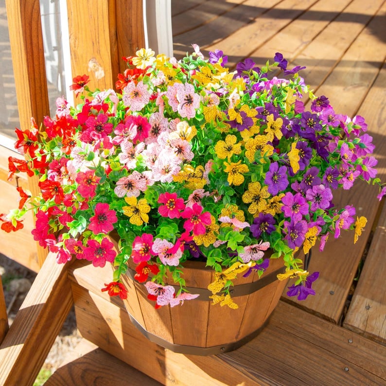 Artificial Fake Plants Flowers for Outdoor Spring Decoration, 12 Bundles Faux Silk Orchid Look Real UV Resistant for Home Porch Patio Decor 6-Mixed