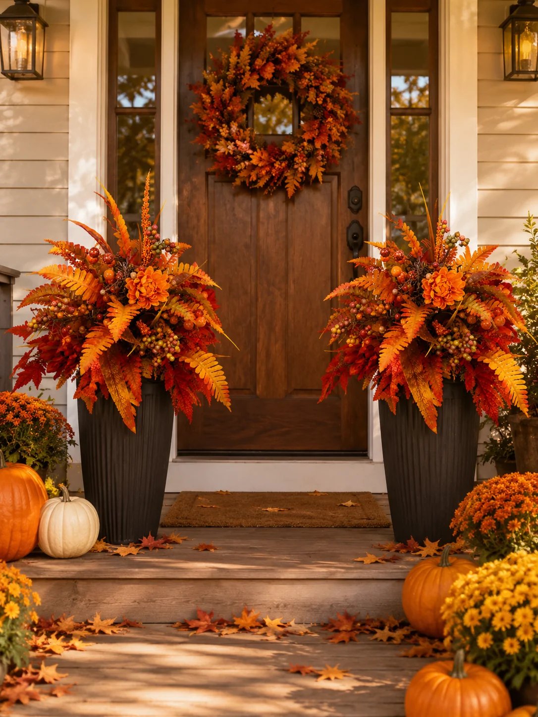 Fall floral arrangement decorating a home entrance