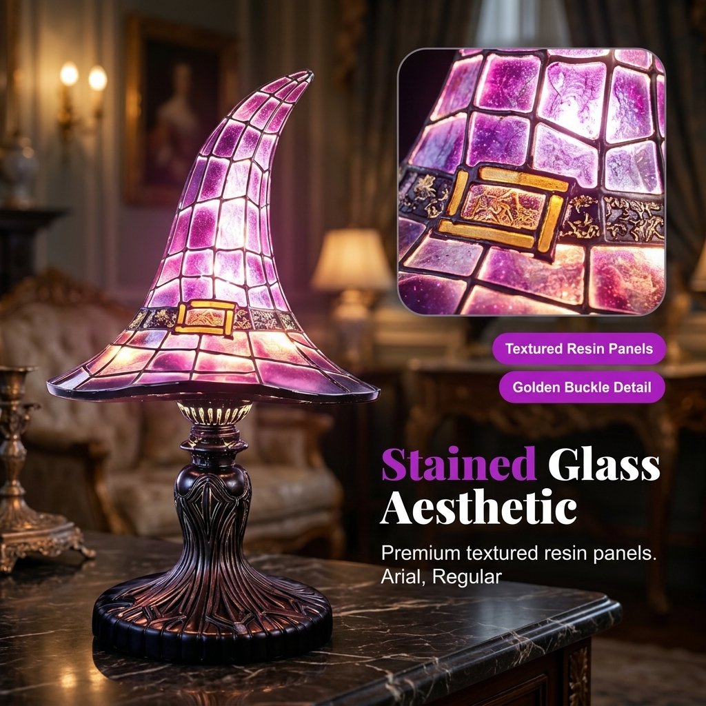 Textured resin witch hat stained glass style lamp