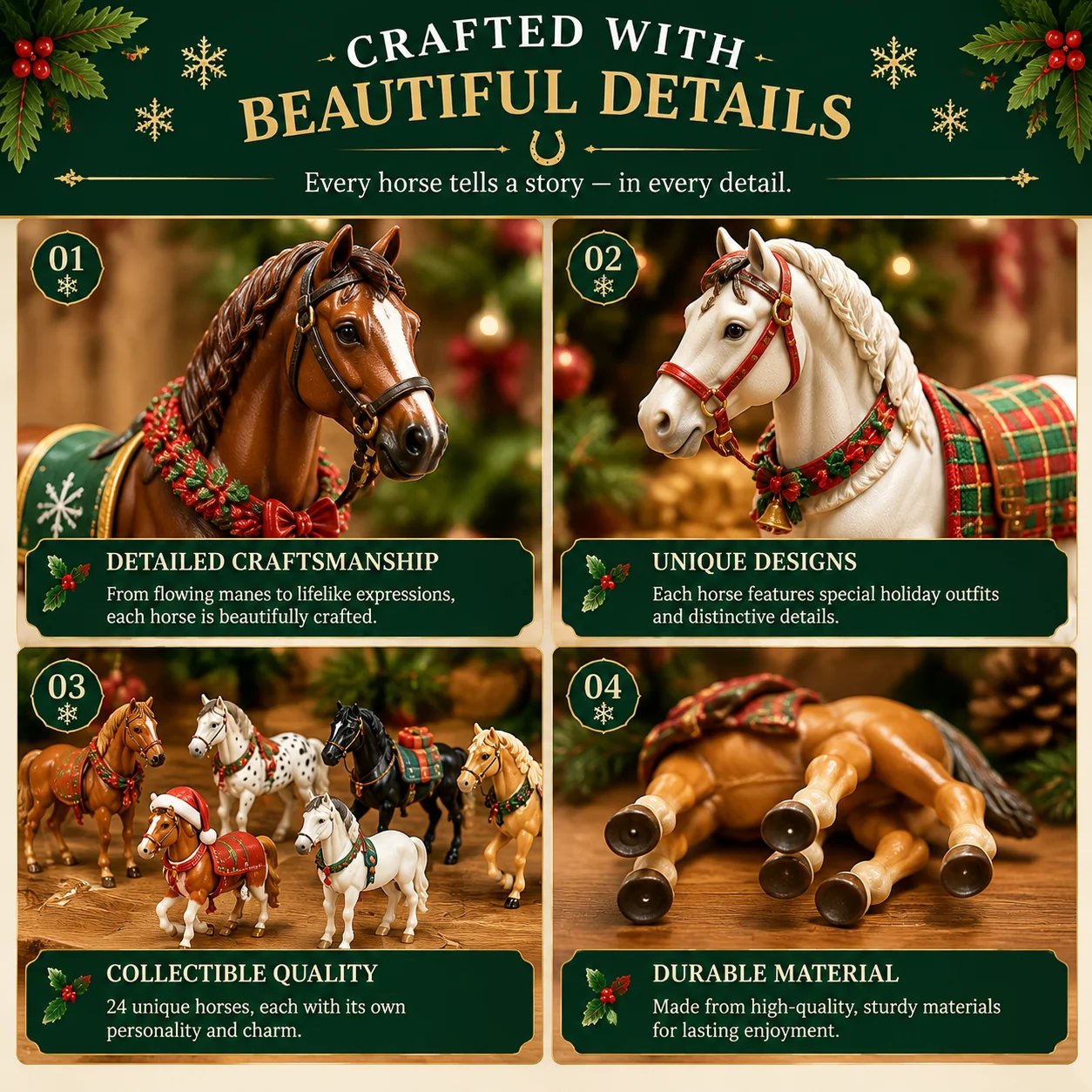 Close-up details of the collectible Christmas horse figures