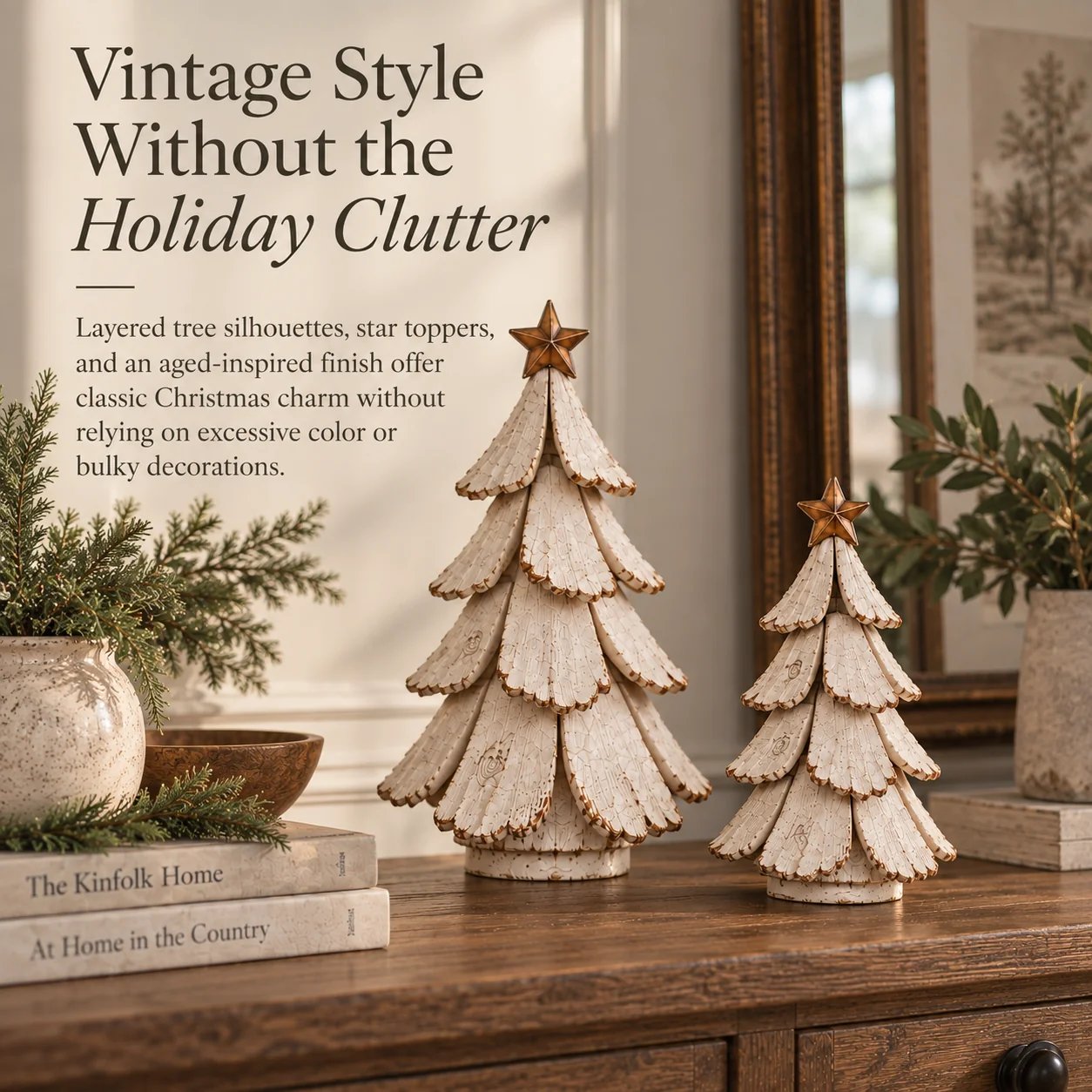 Vintage neutral distressed Christmas tree figurines