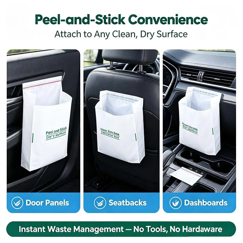Car trash bag mounted on door panel seatback and dashboard