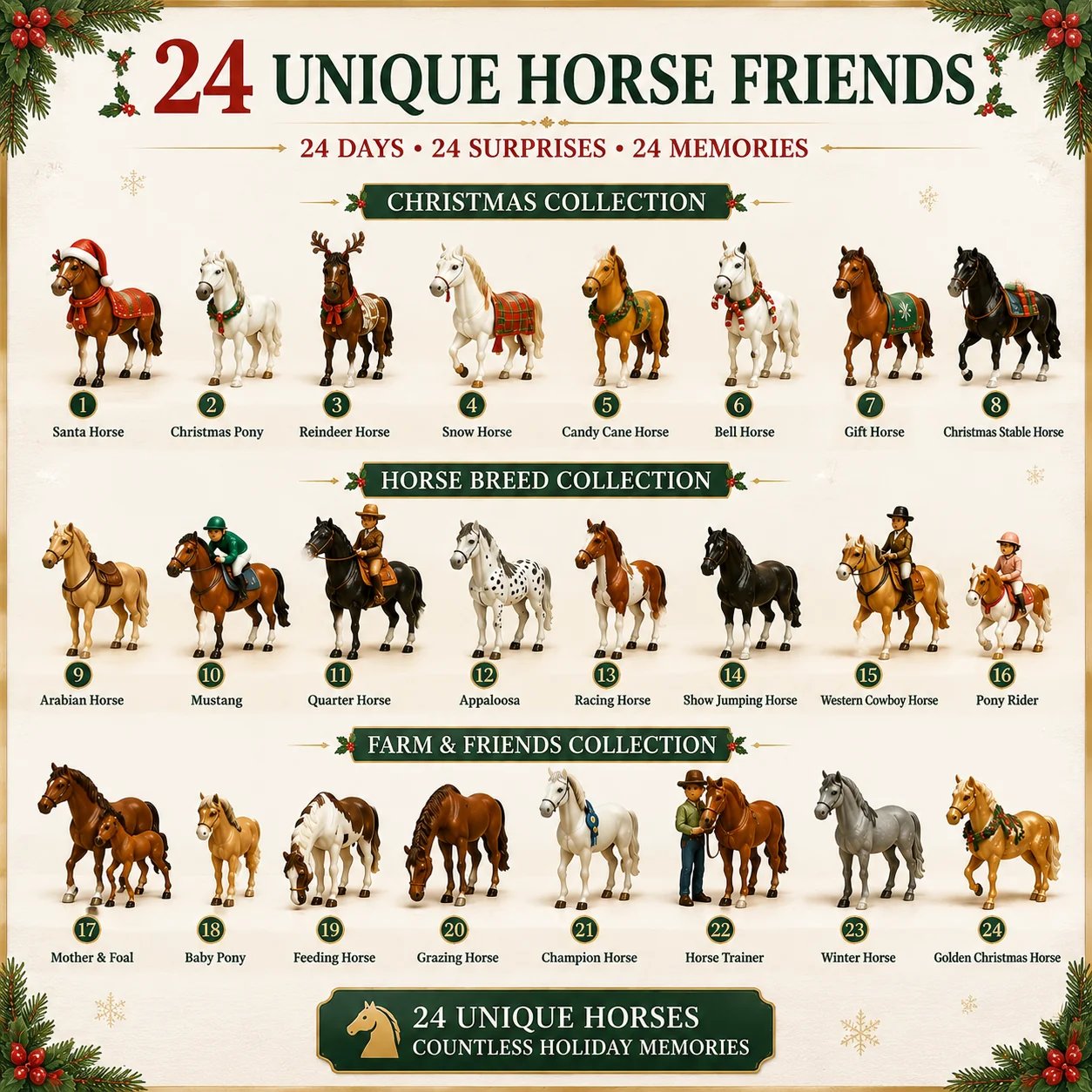 Complete chart of all 24 unique Christmas horse figures