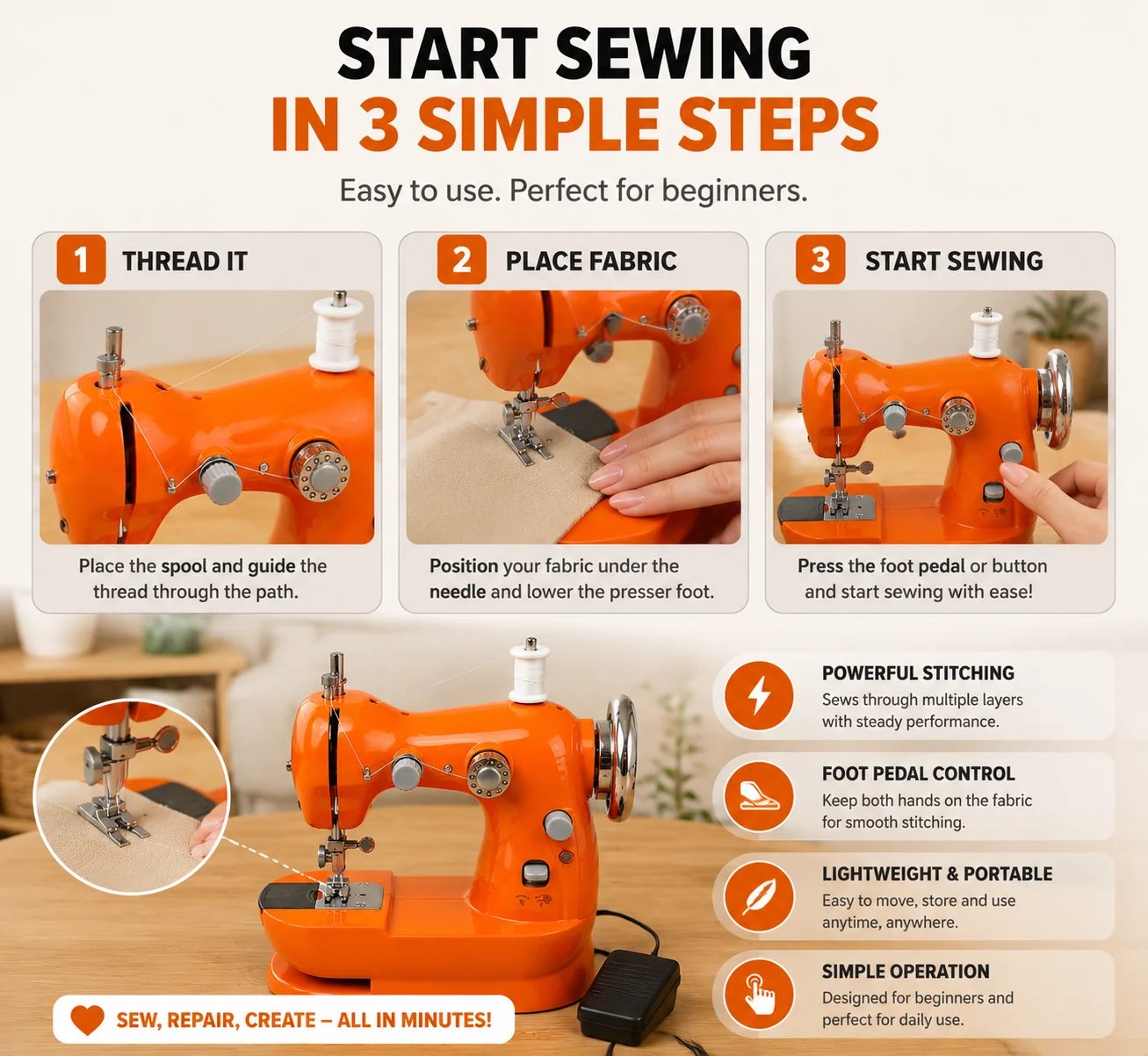 Beginner friendly mini sewing machine control details
