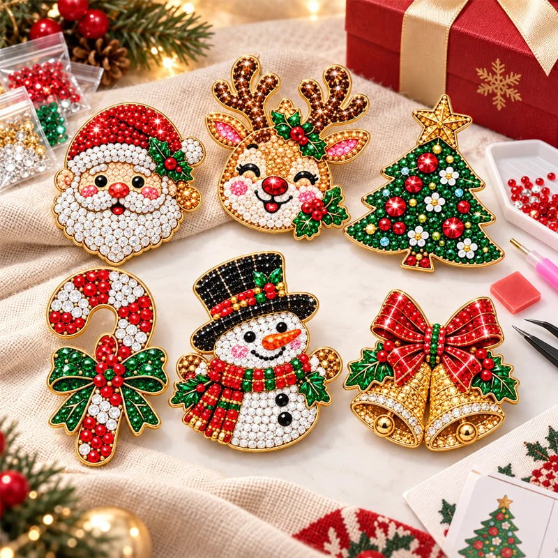 Six sparkling Christmas brooch designs with red, green, white and gold gems