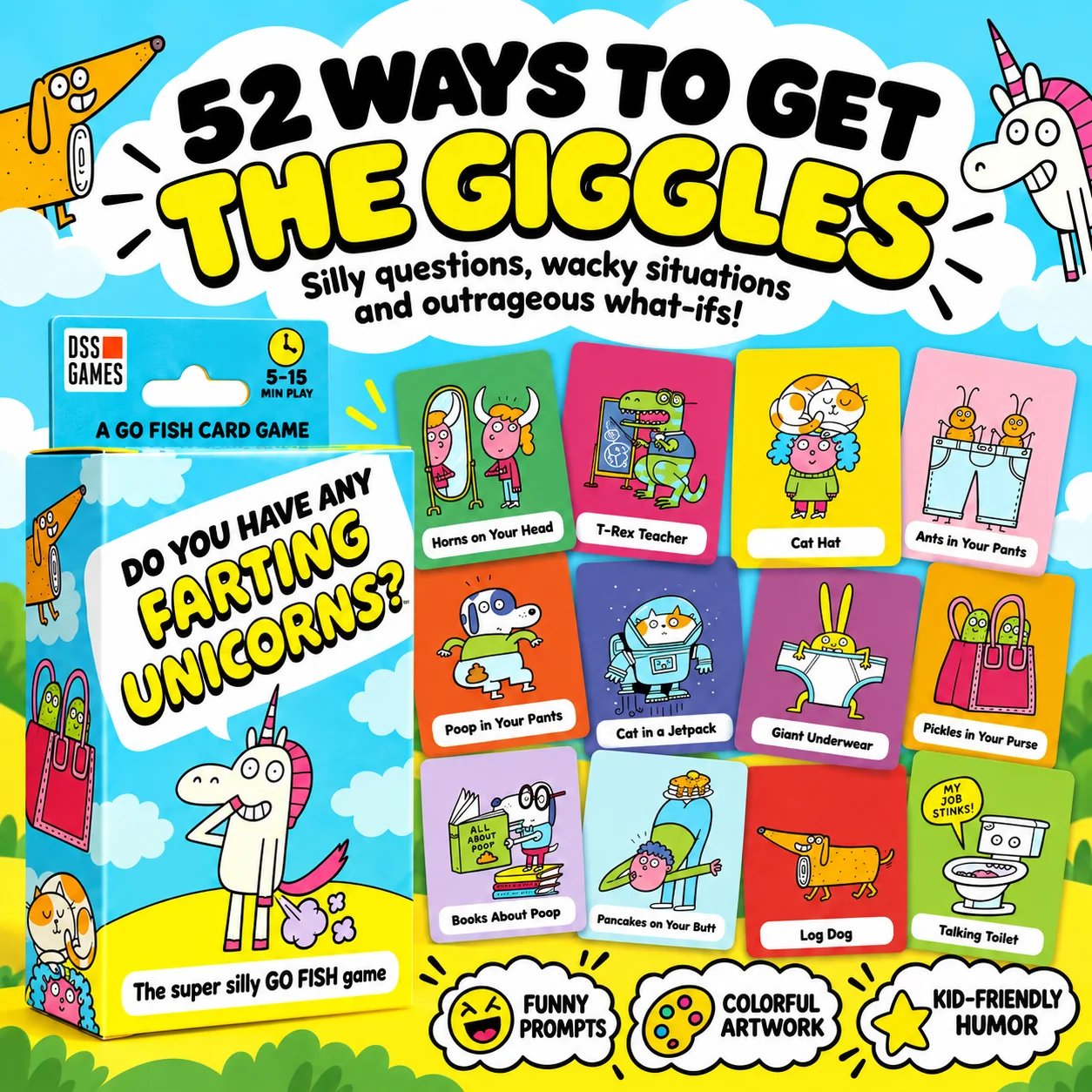 52 funny Go Fish cards with silly prompts and colorful artwork