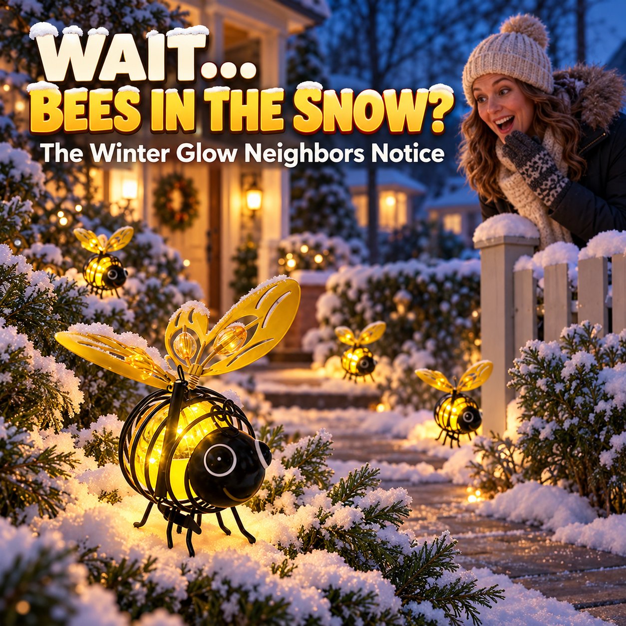 Glowing solar bee lights in a snow-covered winter garden