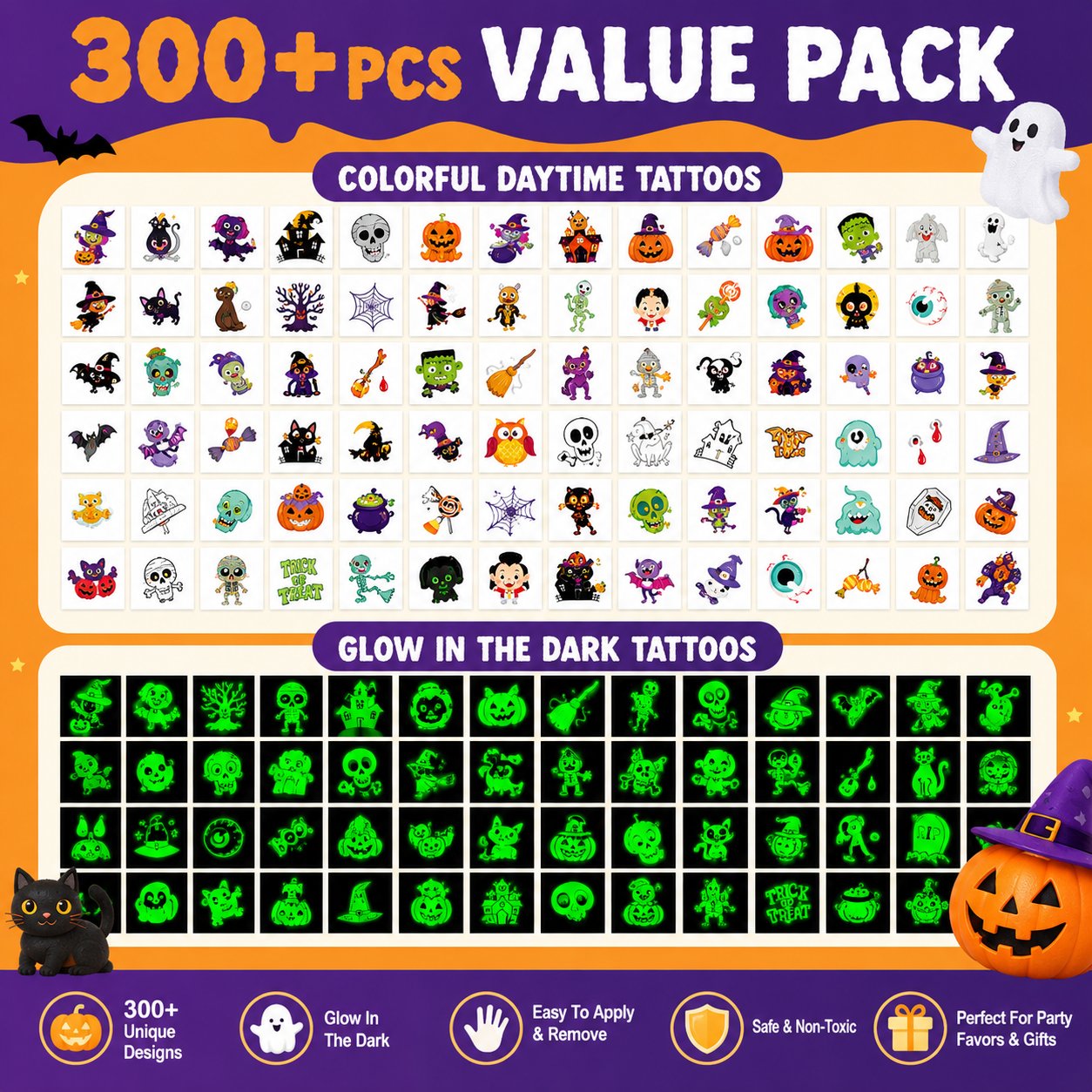 Halloween Glow-in-the-Dark Temporary Tattoos - 300+ Piece Value Pack