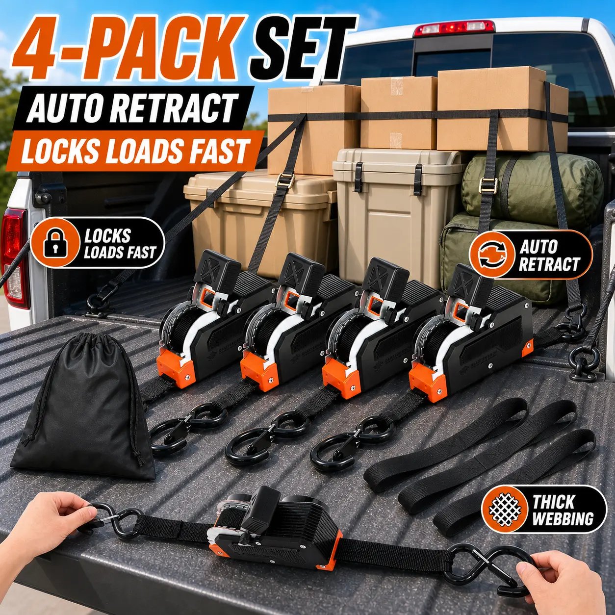 Dual end retractable ratchet straps for pickup cargo Dual end retractable ratchet straps for pickup cargo