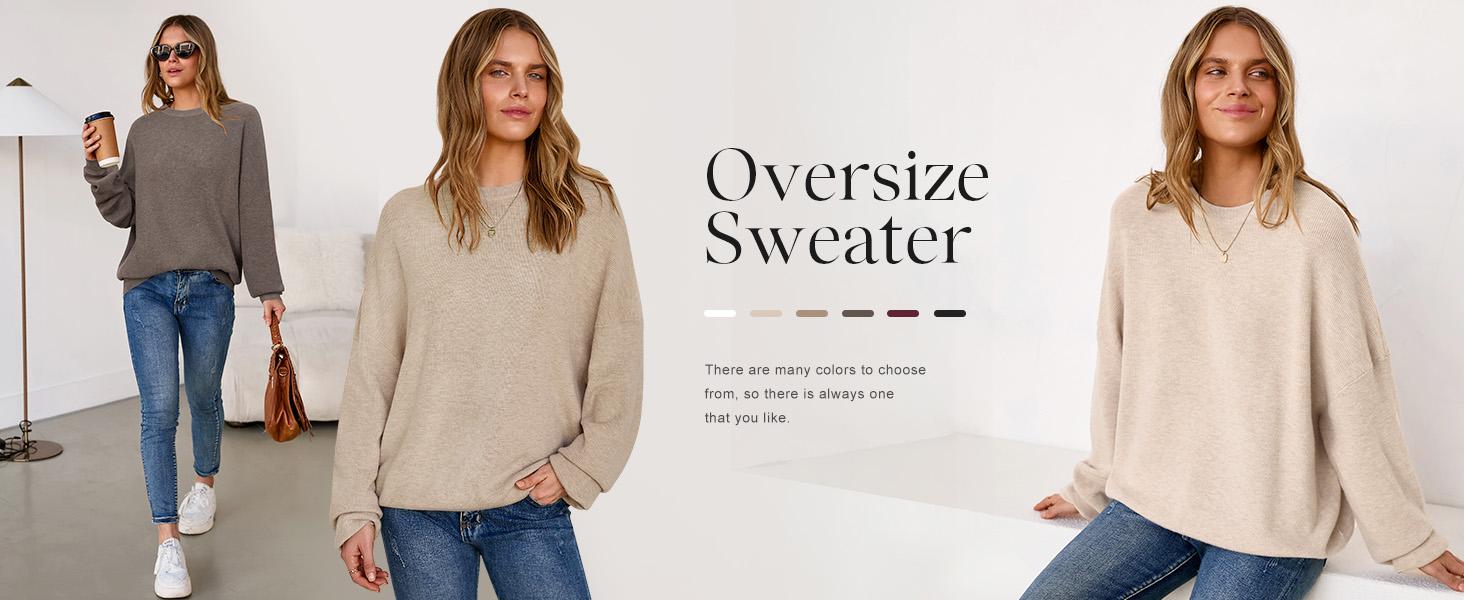 Arach&Cloz Women's Wool Blend Oversized Sweaters Crewneck Casual Spring Outfits Fashion Tops SummerVibes
