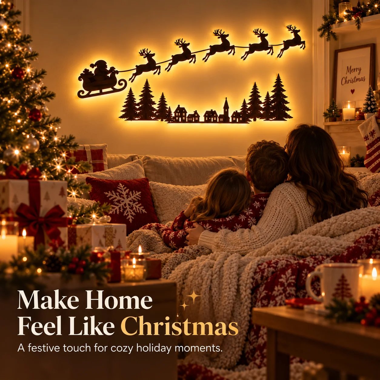 Glowing Santa and reindeer Christmas wall scene display
