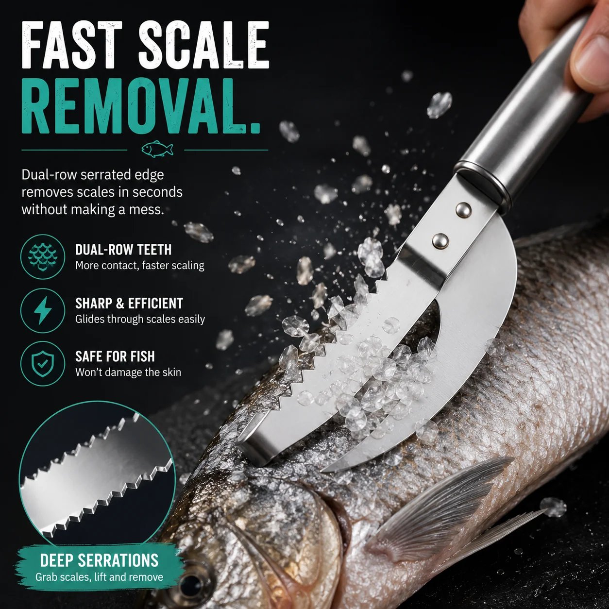 Scale open and clean fish with one tool