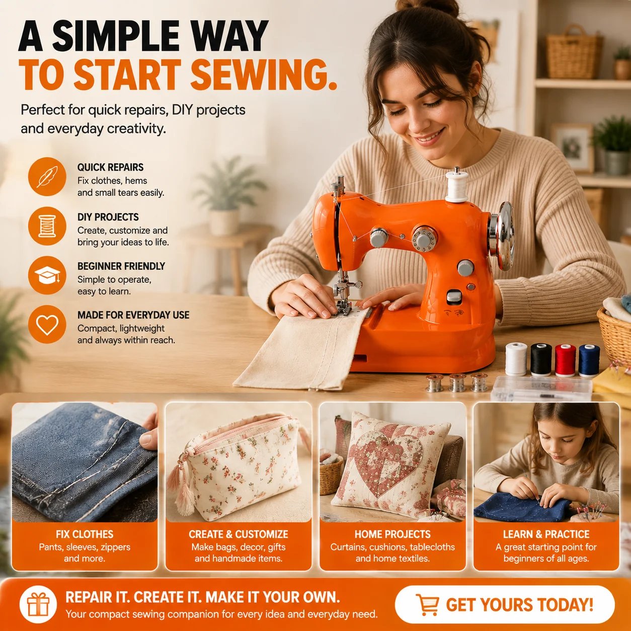 Woman using compact orange mini sewing machine for home sewing projects