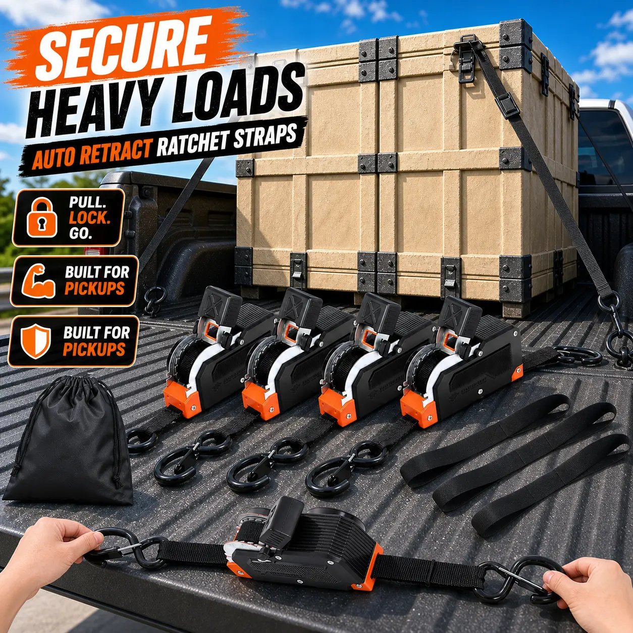 Retractable ratchet straps securing heavy pickup truck cargo Retractable ratchet straps securing heavy pickup truck cargo