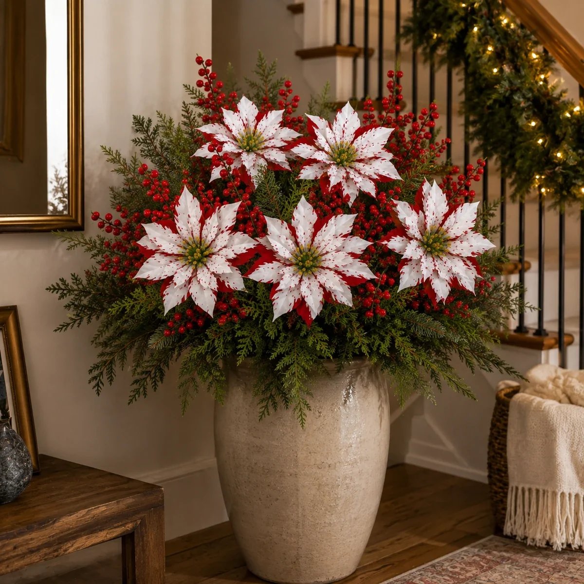 Poinsettias in a large indoor vase