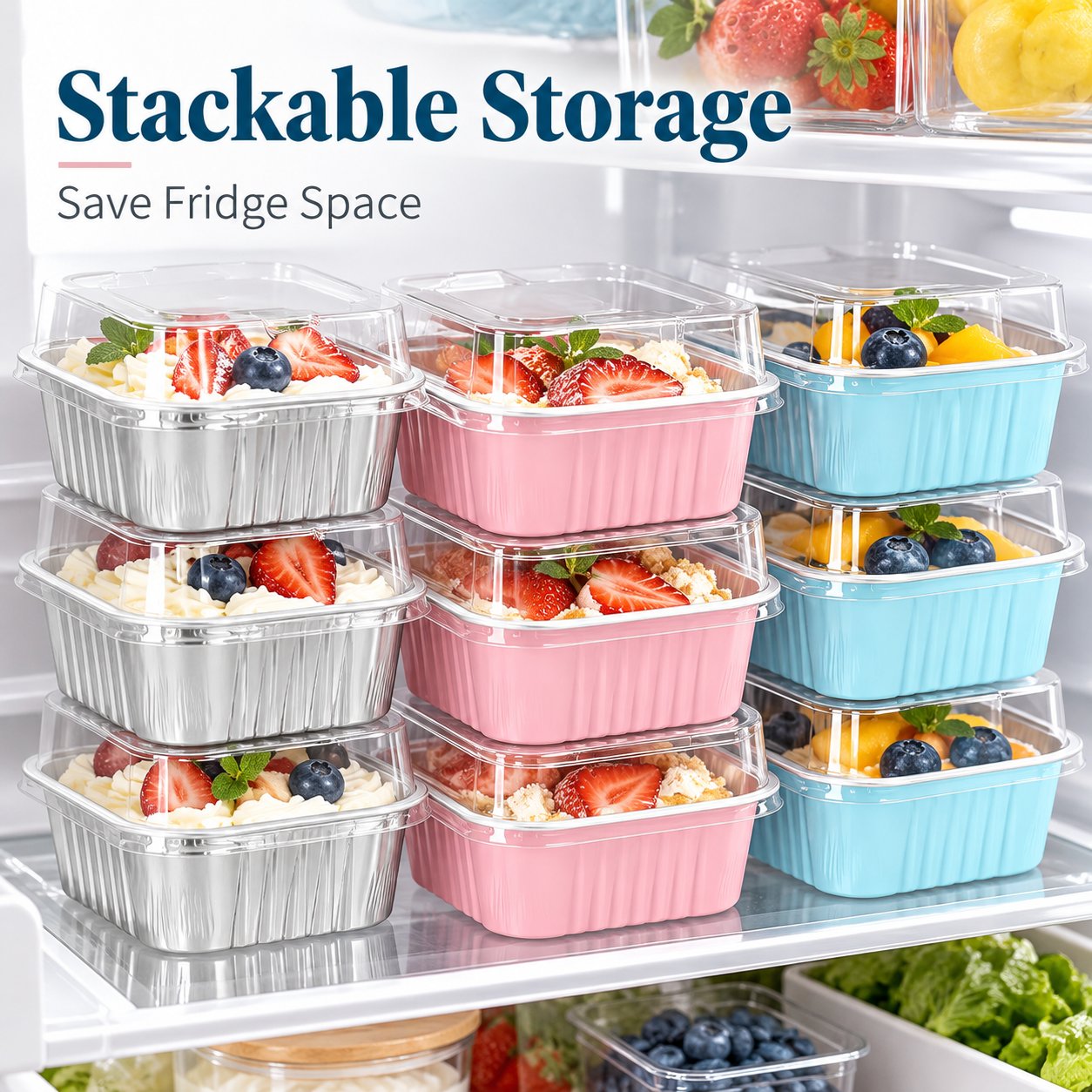Stacked mini dessert pans with transparent lids for refrigerator storage