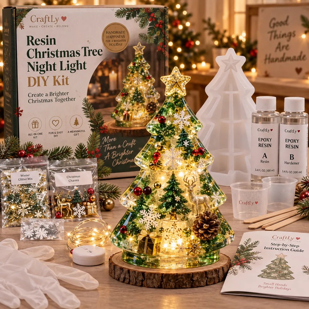Resin Christmas tree night light with mold, resin bottles and decorating supplies