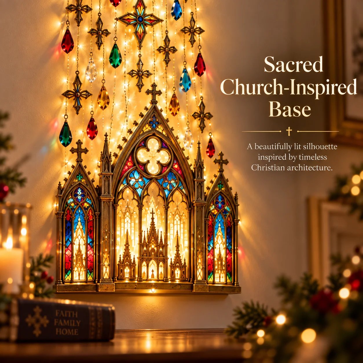 Illuminated Gothic church inspired base with colorful window details