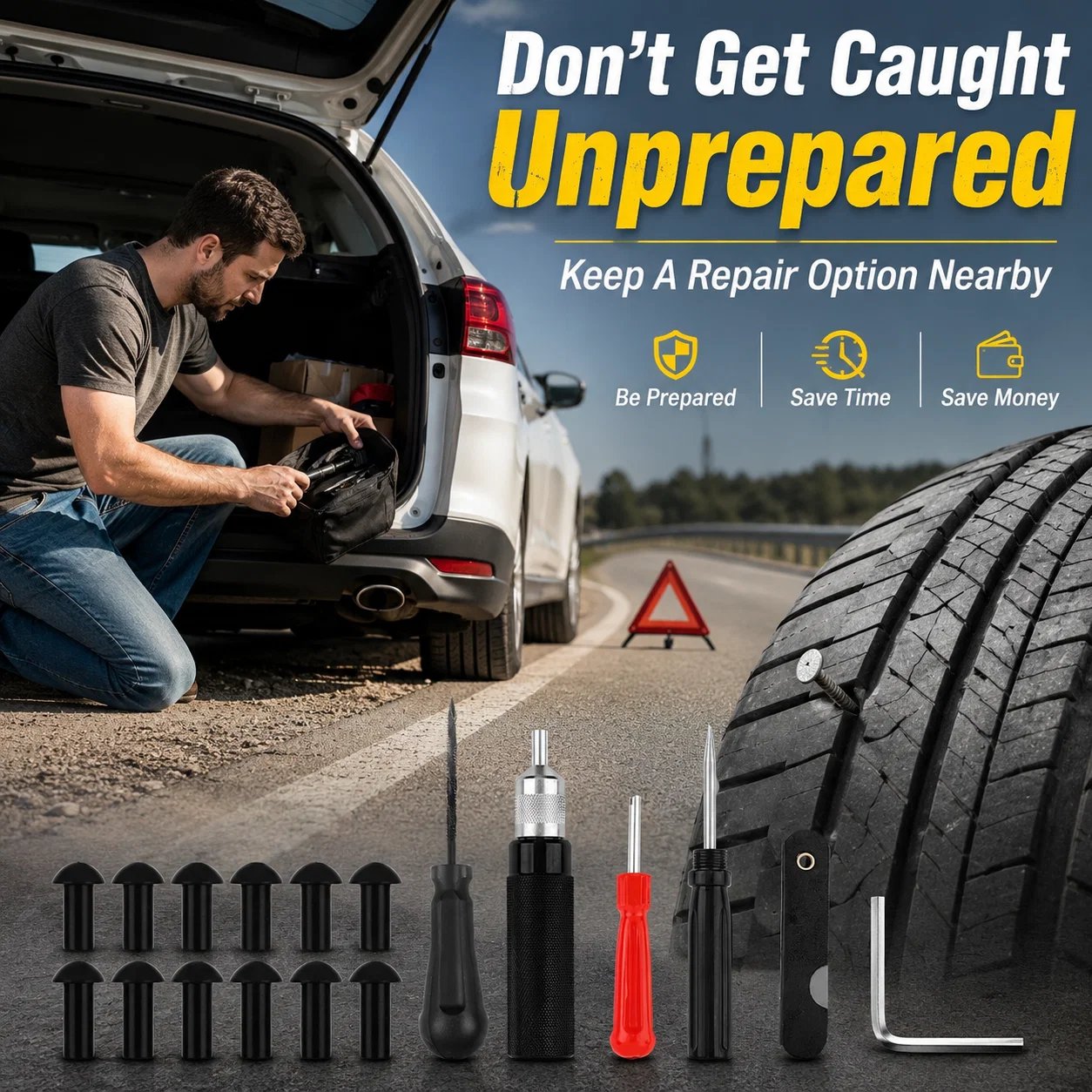 Roadside mushroom tire repair kit