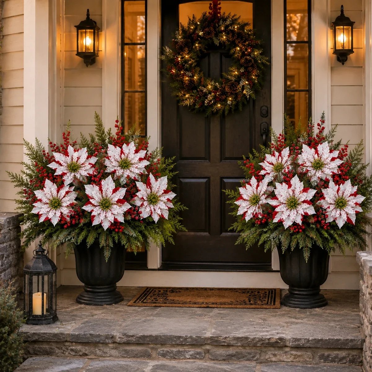 Two symmetrically decorated planters at the entrance