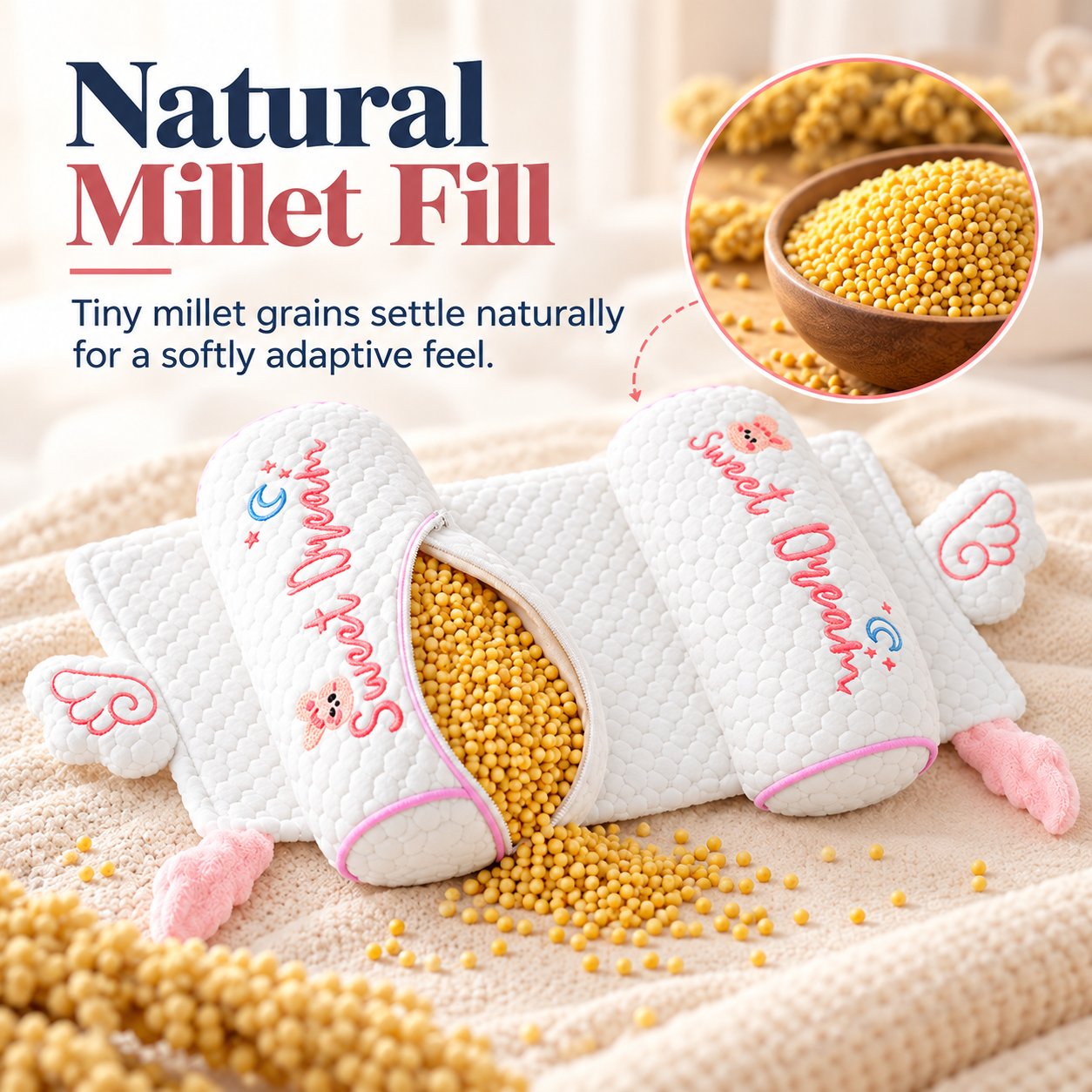 Original close-up showing the pillow's grain filling and fabric construction