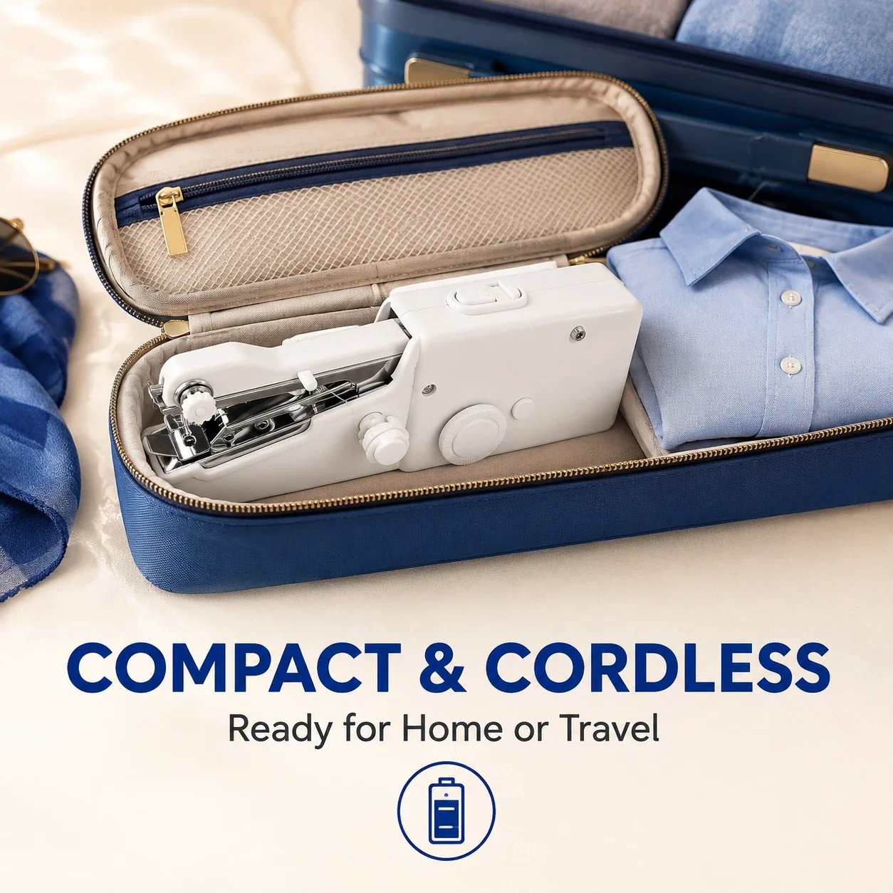 Compact cordless handheld sewing machine packed for travel