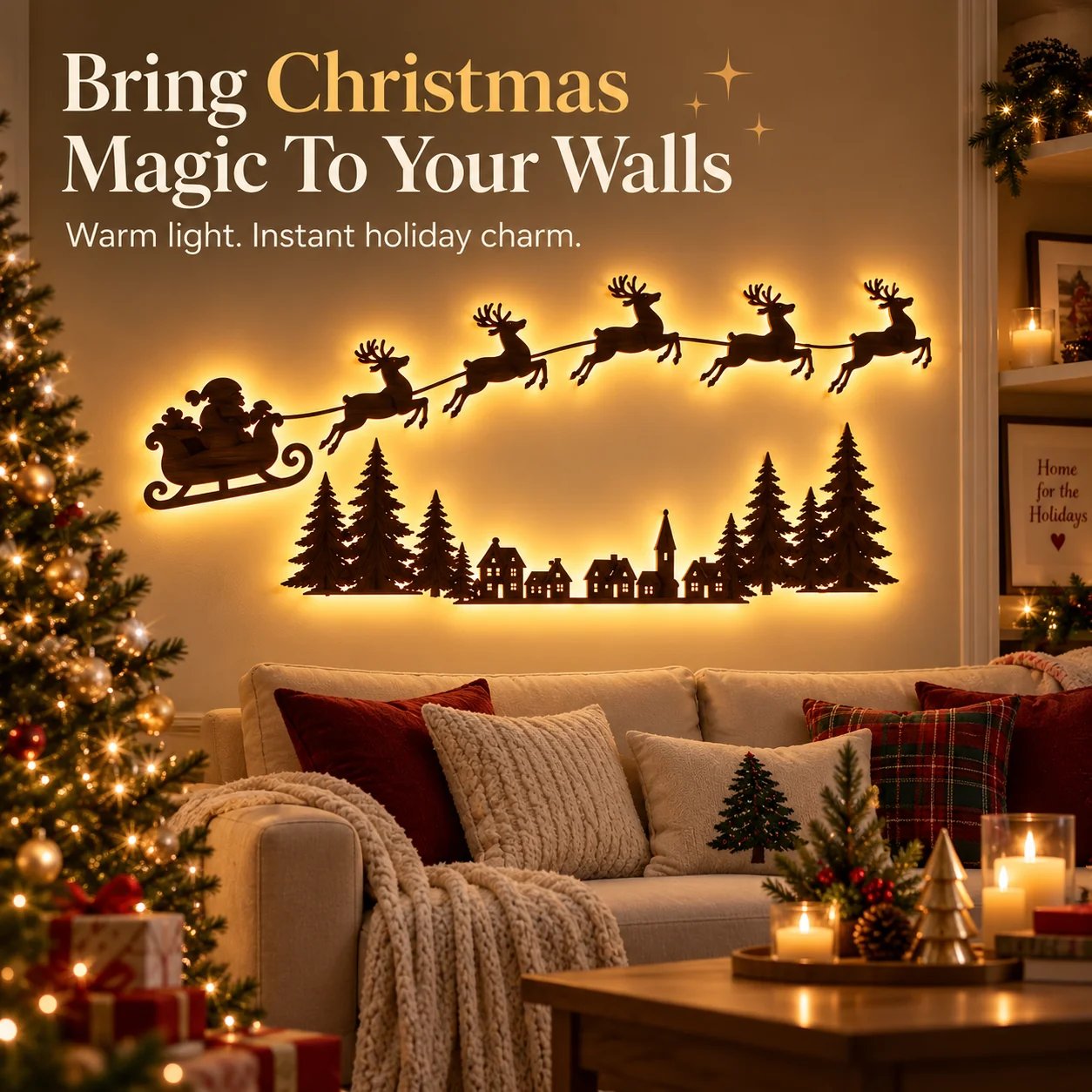 Santa reindeer wall decor daytime and nighttime appearance