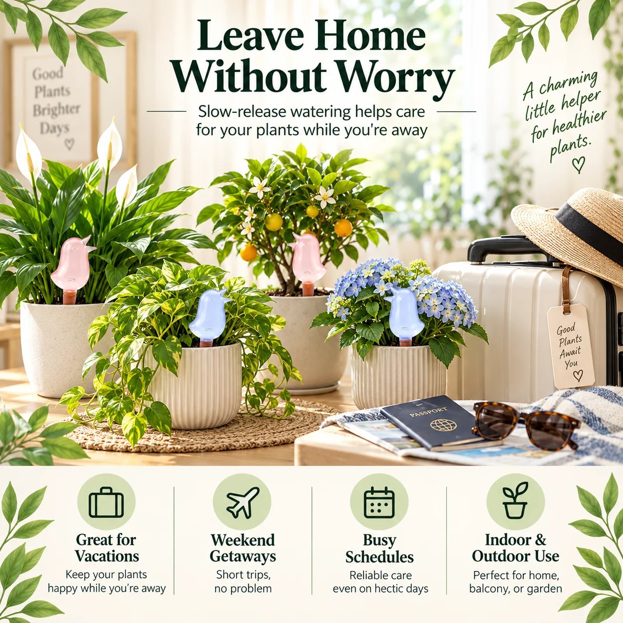 Self watering plant stakes for vacation and everyday use