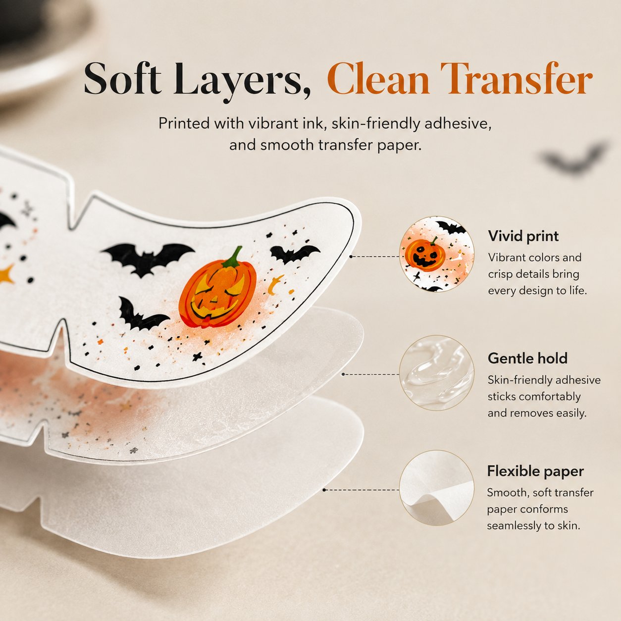 Close-up layered construction of Halloween temporary face tattoo transfer Close-up layered construction of Halloween temporary face tattoo transfer