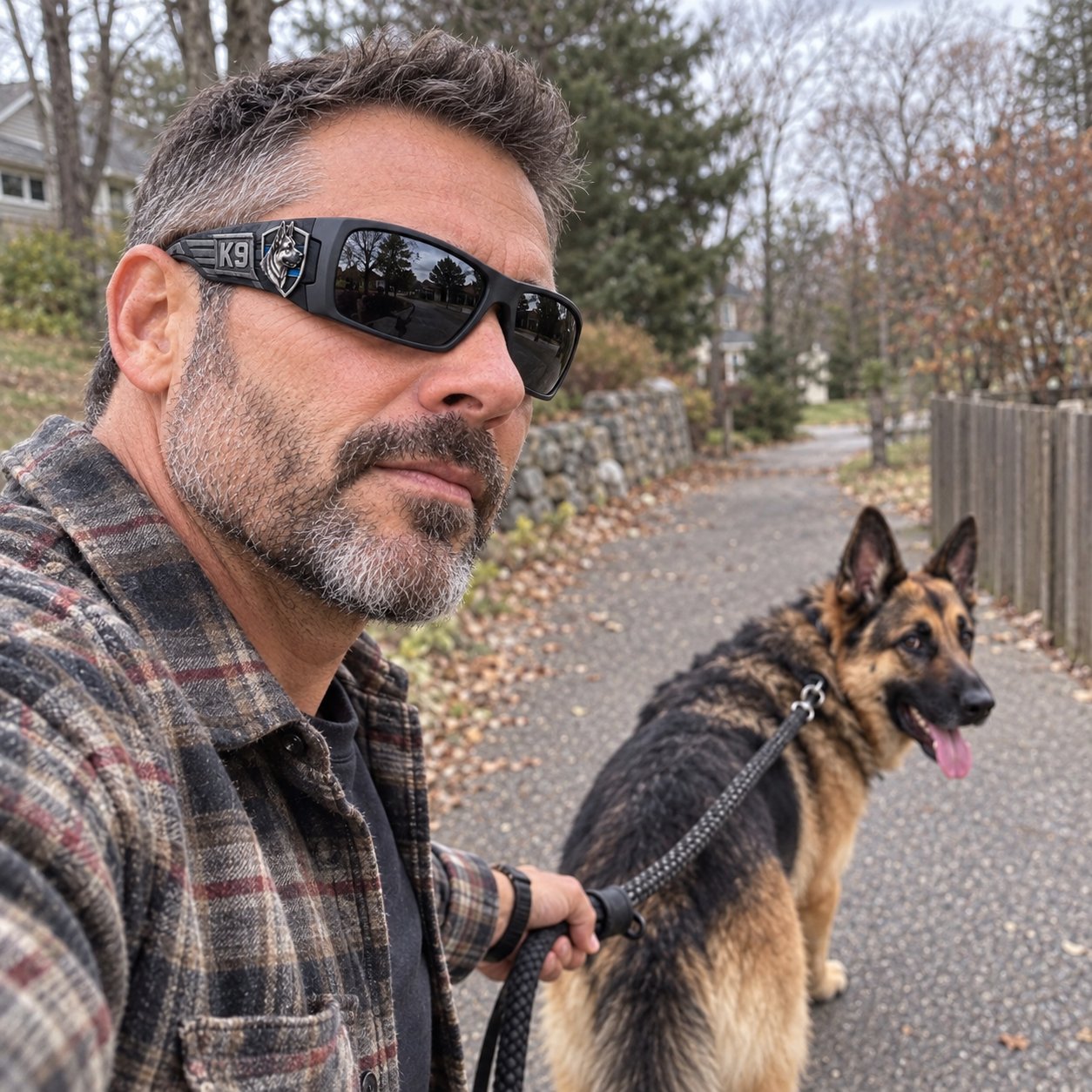 Man wearing K9 Guardian sunglasses while walking a German Shepherd