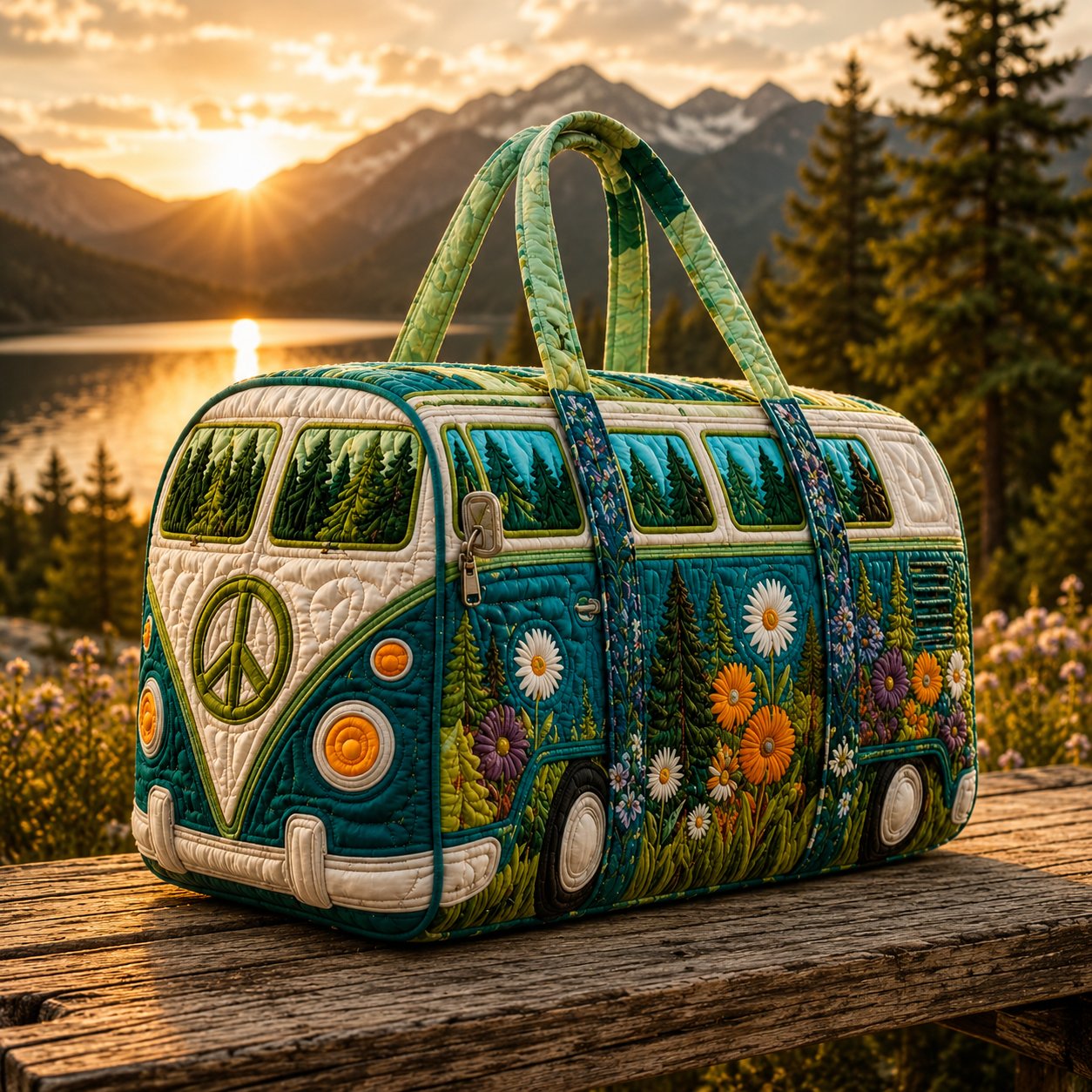 Quilted boho travel tote overall display