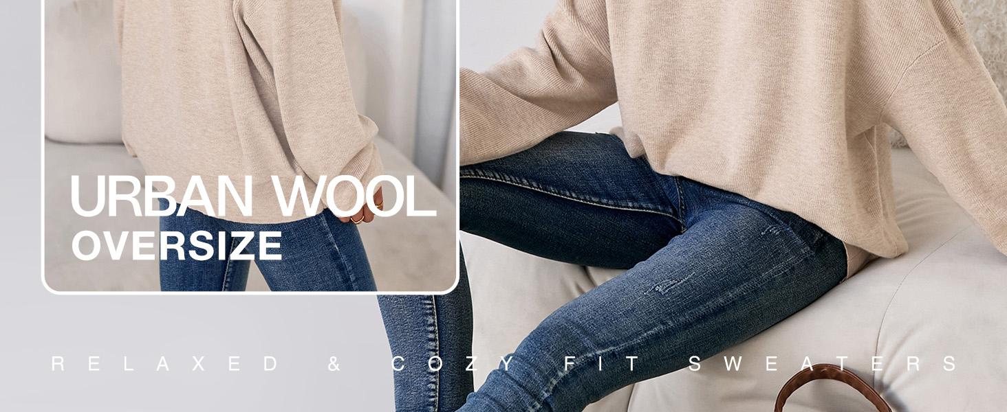 Arach&Cloz Women's Wool Blend Oversized Sweaters Crewneck Casual Spring Outfits Fashion Tops SummerVibes