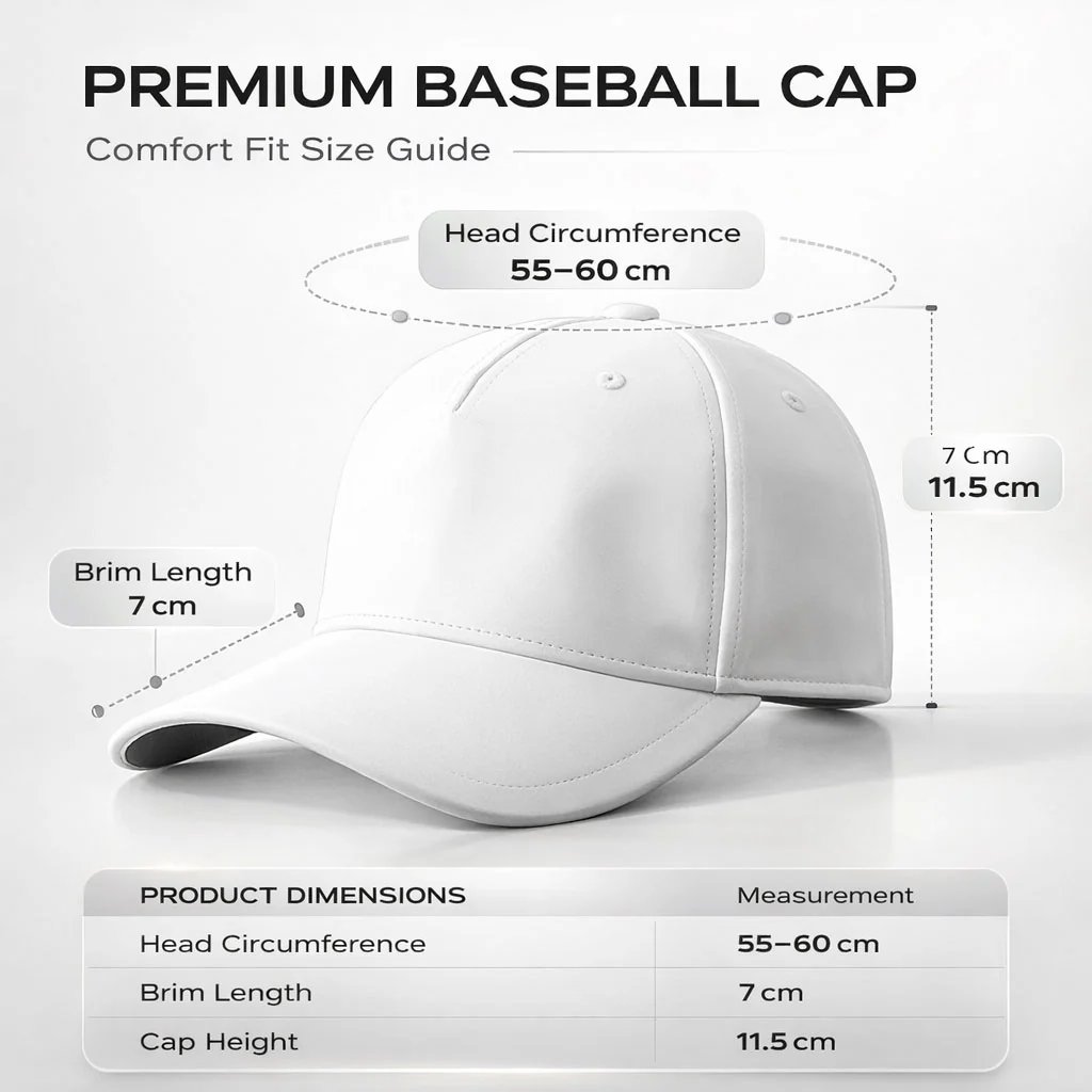 Product gallery size guide showing 55–60 cm head circumference, 7 cm brim and 11.5 cm cap height