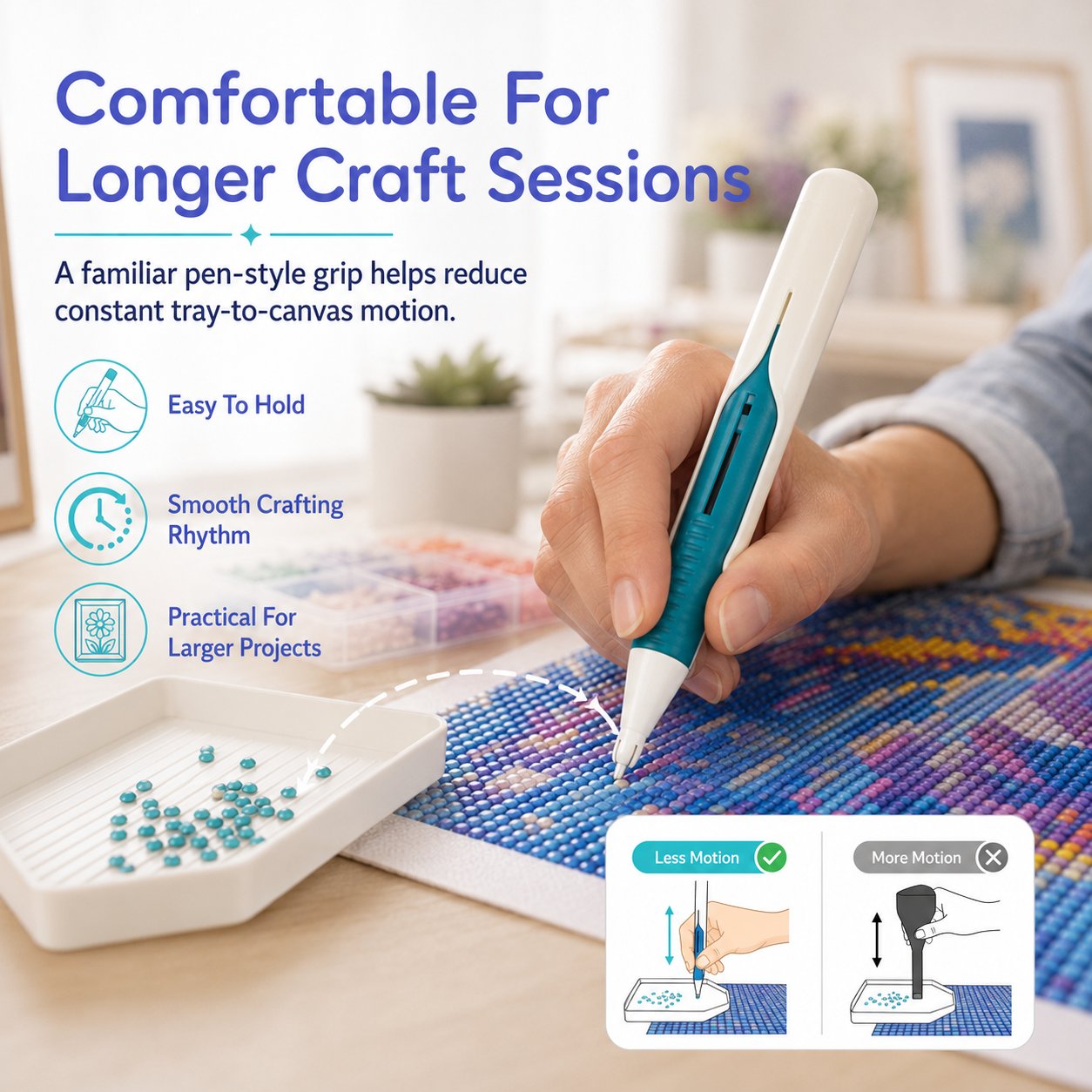 Comfortable pen-style grip for long crafting sessions