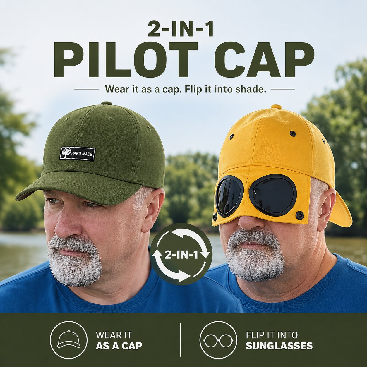 Two-in-one pilot baseball cap worn normally and in lens mode