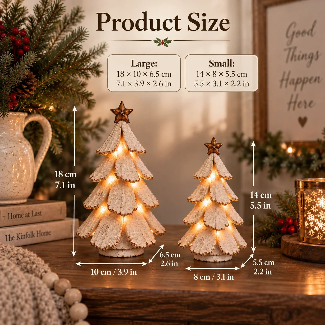 Large and small vintage Christmas tree figurine size comparison