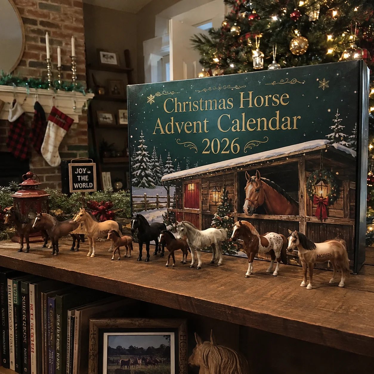 Customer displaying collectible horses on a shelf beside the Christmas tree