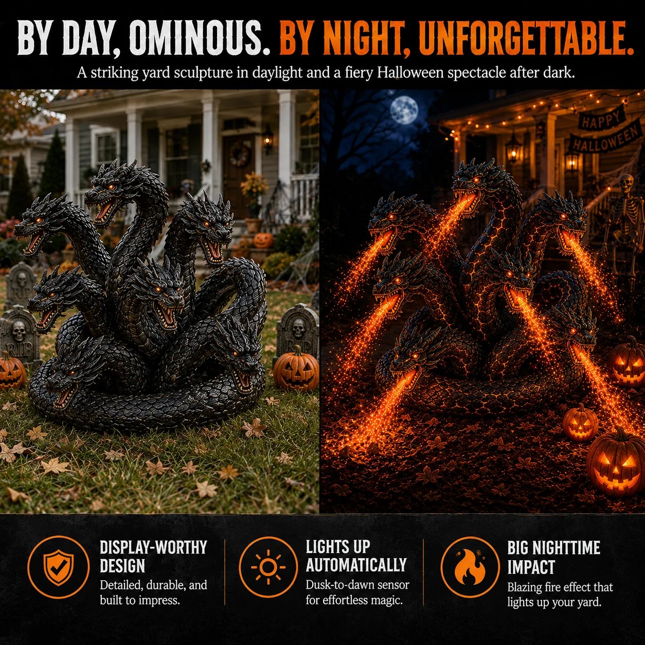 Orochi garden light daytime and nighttime comparison