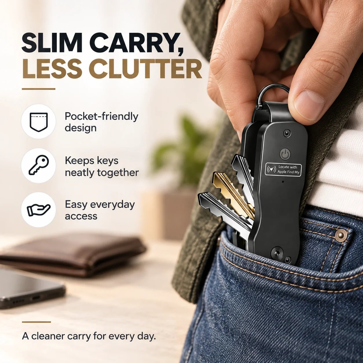 Compact smart key organizer carried in a jeans pocket Compact smart key organizer carried in a jeans pocket