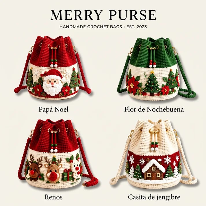 Four MerryStitch Christmas crochet bag designs