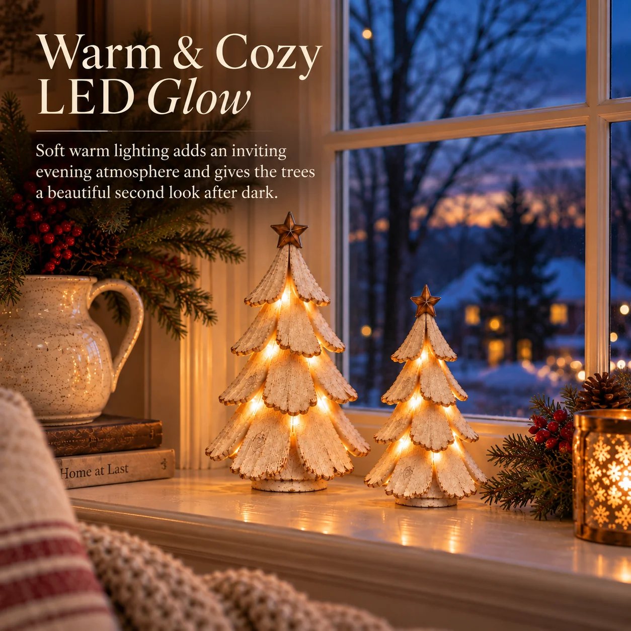 Warm LED glow from vintage Christmas tree figurines on a winter windowsill