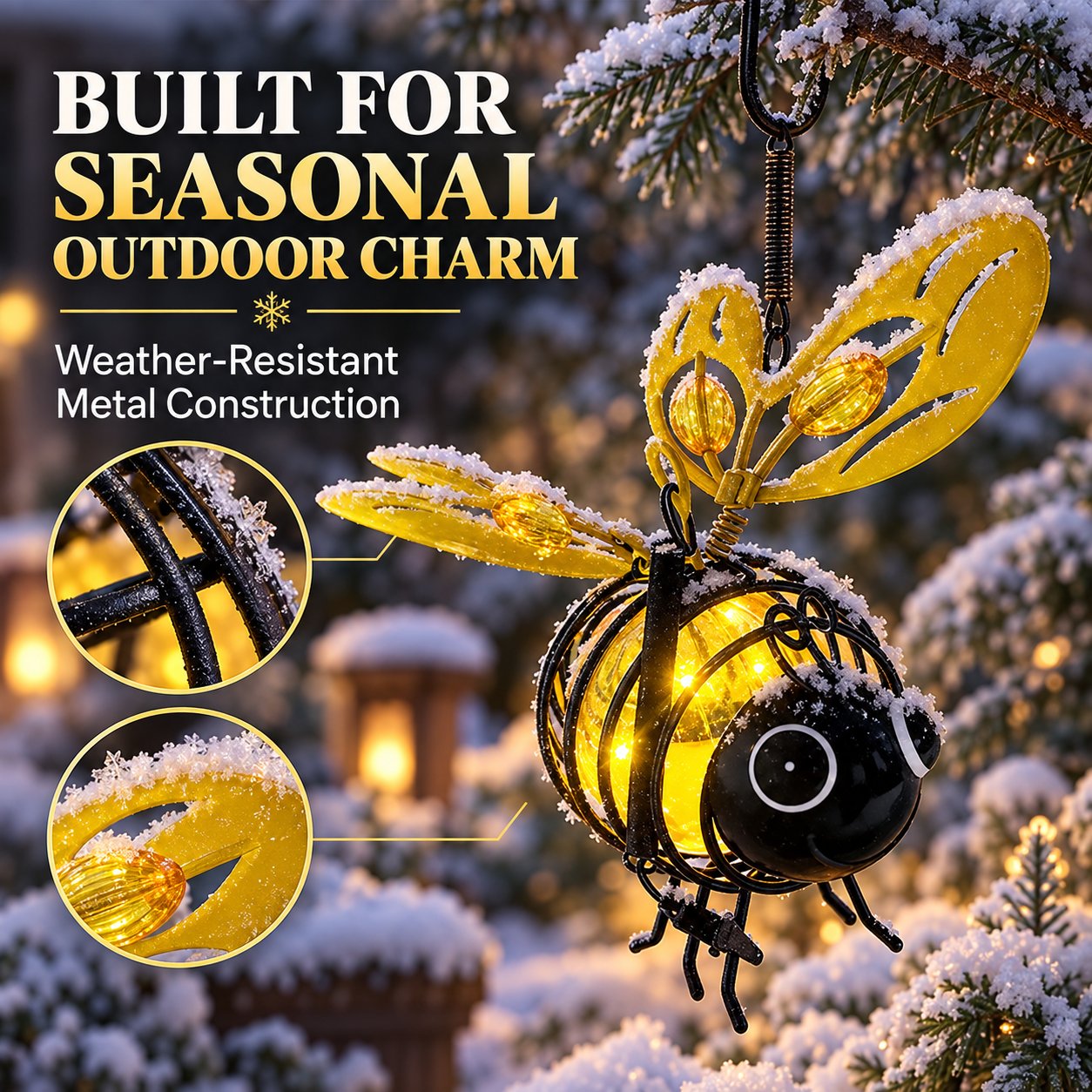 Solar bee light metal frame and decorative wing details