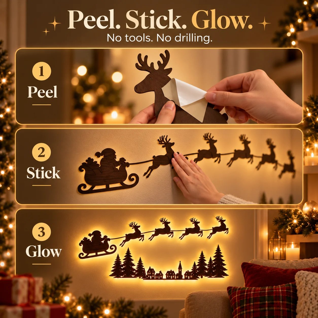 Illuminated Christmas wall silhouette at night